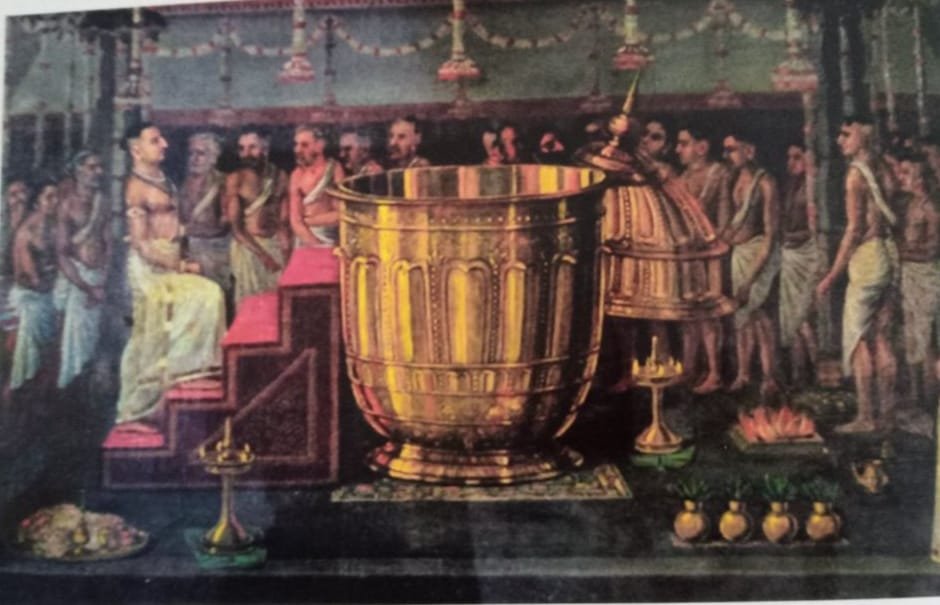 As promised here is the detailed post. 
part 1 
Hiranyagarbham! 
The Hiranyagarbha is famous among the sixteen great gifts. Golden Womb is what the word Hiranyagarbha means. 

A golden vessel shaped like a lotus flower, about ten feet in height and eight feet in circumference,