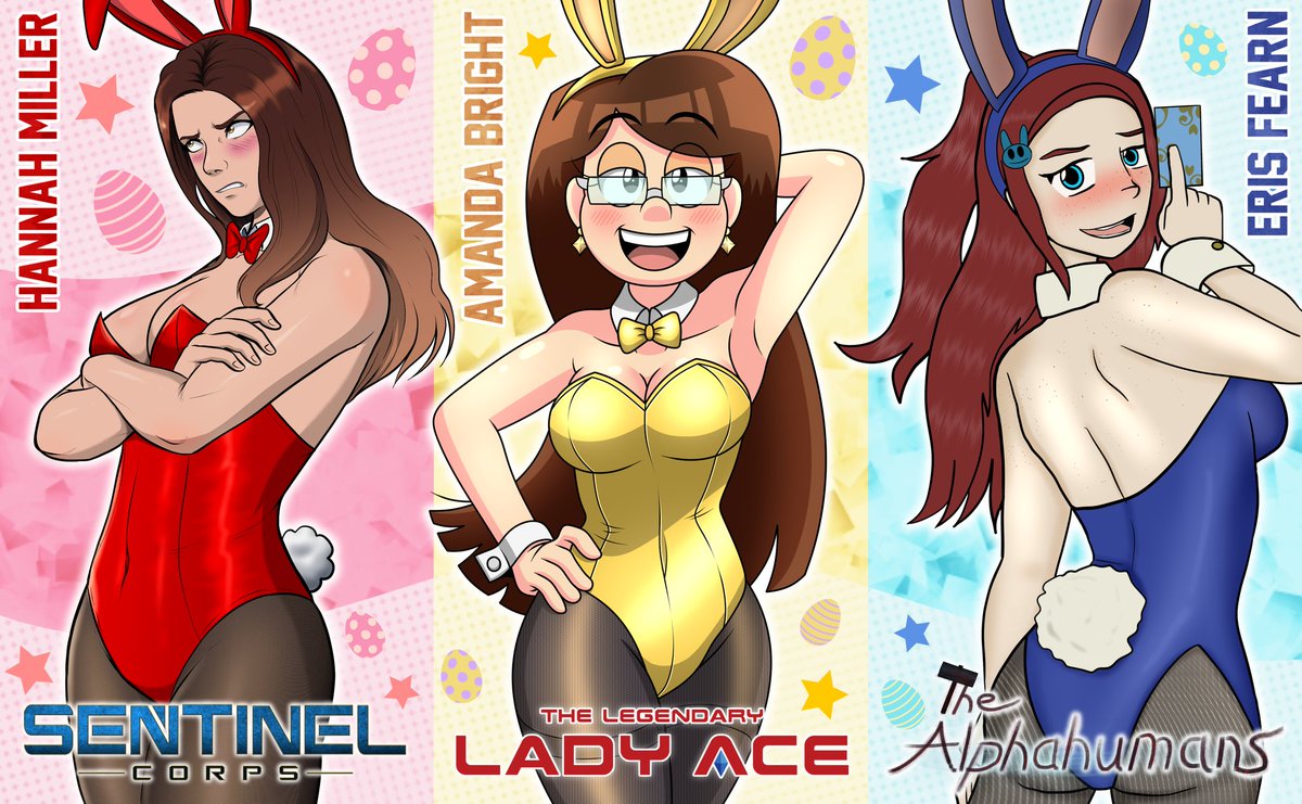 Hoppy Easter, everybody! Here are some lovely bunny girls! Shout-out to @SentinelCorps45 and @Raisha_GS for doing this fantastic collab! 🐰

#LadyAce #TheLegendaryLadyAce #CrimsonGlory #SentinelCorps #Skystrike #TheAlphahumans #Easter #bunnygirl #Eclipseverse #webcomic