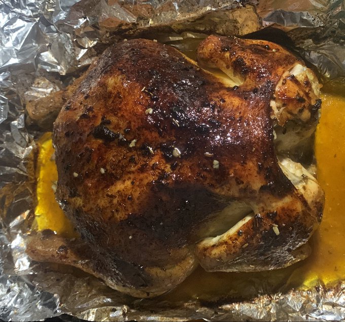 A made an herb, garlic, and lemon pepper compound butter and stuffed/massaged it under the skin all over