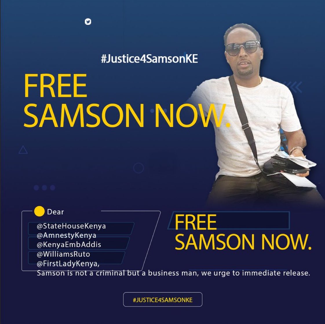 #SamsonKE is a decent, hard-working businessperson  contributed vital economy for #Kenya who was abducted in broad daylight on Nov 2021.  #JusticeForSamson #FreeSamsonKE @UN @hrw @UN_HRC @HRC @UNHumanRights @BBCAfrica @AUC_MoussaFaki @_AfricanUnion@HlafitT
