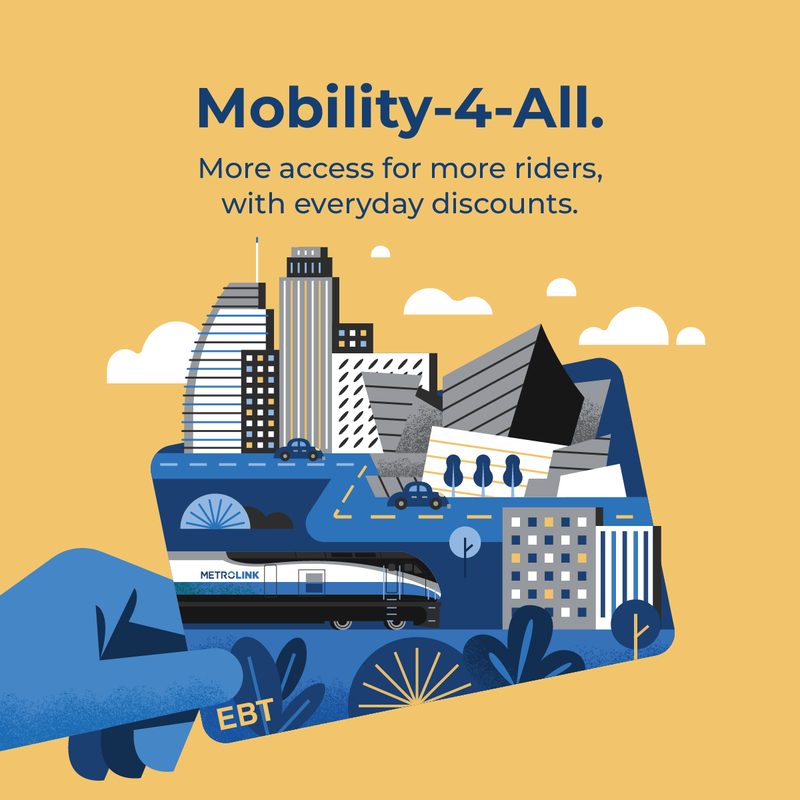Our #Mobility4All program offers eligible riders a 50% discount on any Metrolink ticket or pass. To qualify for the discount, riders must possess a valid EBT card issued by the state of California. No further application is needed. Visit: ow.ly/gKK450QANFn #takethetrain