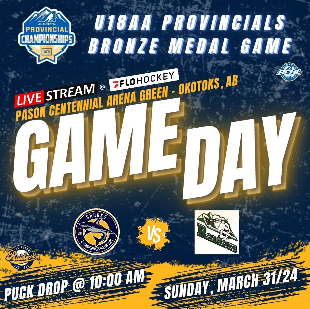 It's GAME DAY!! The SHARKS face off against the Rocky Mountain Raiders in the Bronze Medal Game!! Puck drops at 10am...catch the action live on <a href="/flohockey/">FloHockey</a>

🦈🦈 GO SHARKS GO!! 🦈🦈

#raiderssharks #raidershockey #afhl   #provincialsweekend #bronzemedal #workhardplayhard