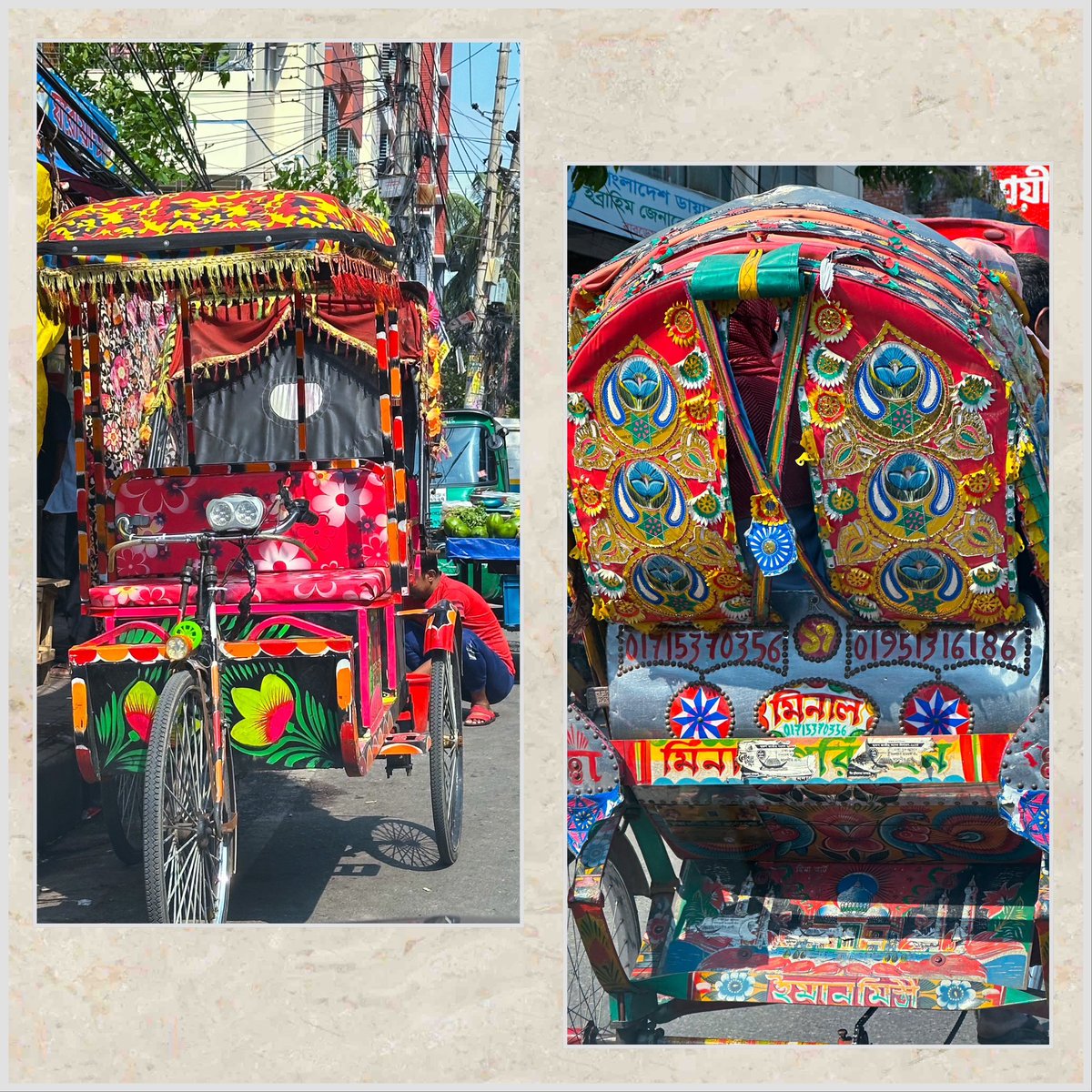 Almost every rickshaw on the streets of Dhaka is meticulously decorated, with a riot of colors that either paint snippets from folktales, or dispense wisdom from holy books, or reflect dreams of traveling to farway places. They are art galleries on wheels.