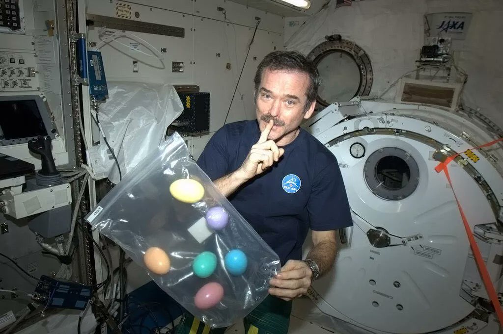 Cmdr_Hadfield's tweet photo. For Easter morning on the Space Station, I'd secretly brought chocolate-filled eggs, and Velcroed them as gifts outside everyone's sleep pods. A touch of home. @NASA @csa_asc https://t.co/BT7C7QoLfs