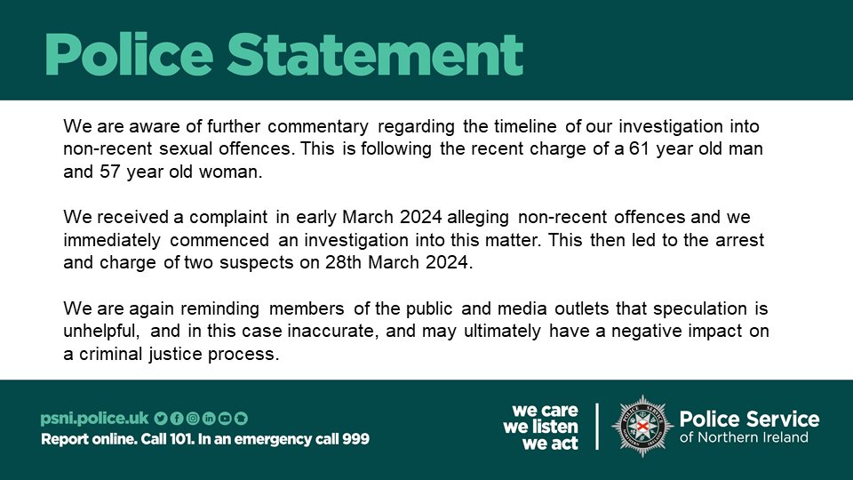 Police statement on our investigation into non-recent sexual offences, where a 61 year old man and 57 year old woman were recently charged.
