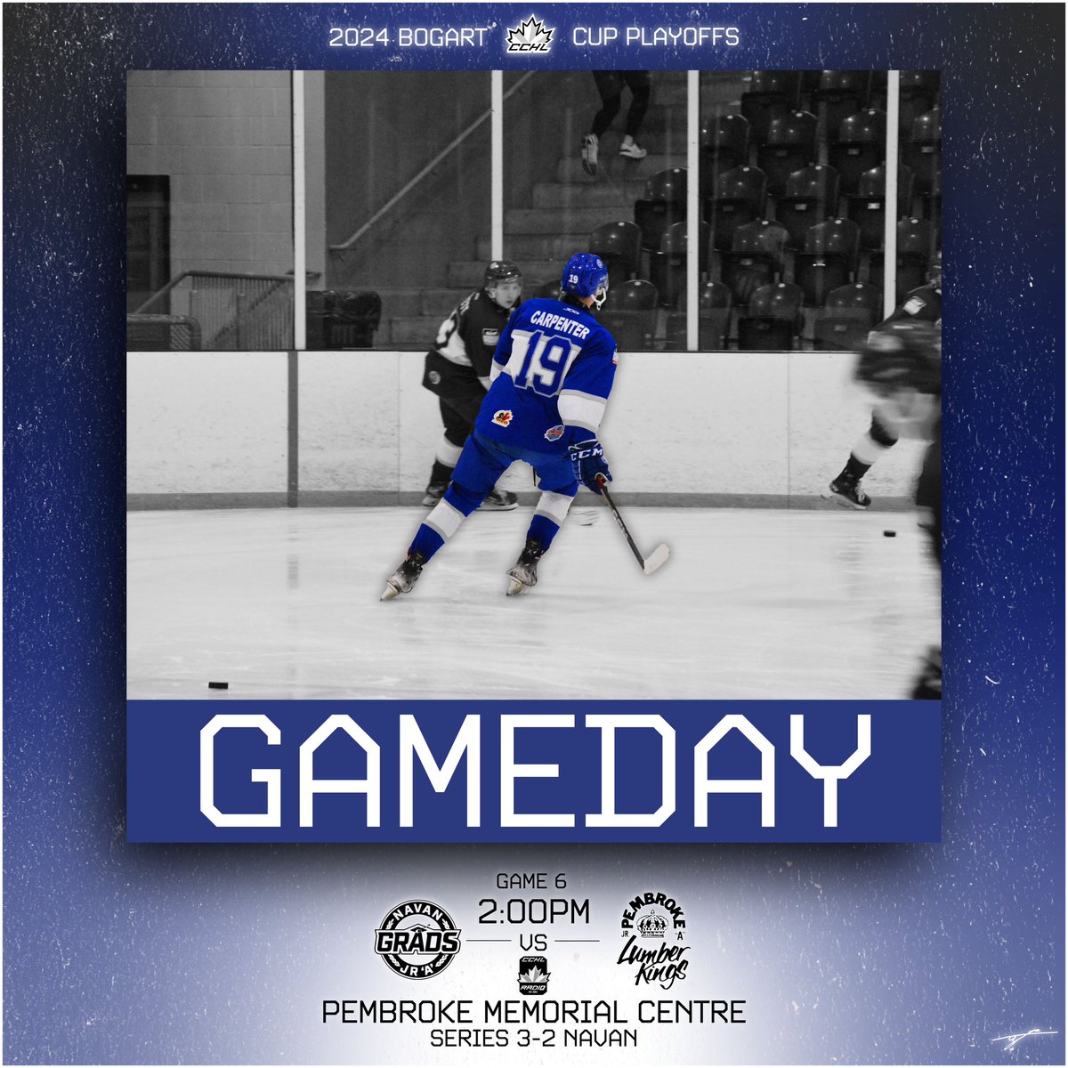 🔵⚪️GAMEDAY⚪️🔵 It’s time for Game 6! As the boys are on the afternoon trip to Pembroke to try & close out the series against the Lumber Kings, this isn’t one you’re gonna wanna miss folks! GAMETIME 2:00! #navan #pembroke #cchl #rollgrads #wearenavan #playoffs #2024bogartcup