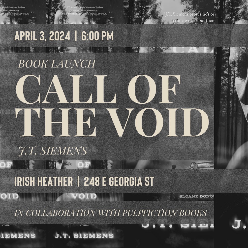 CALL OF THE VOID book launch at @TheIrishHeather the Wednesday from 6-8. Book sales, great food and drink, and a good time. All are welcome. @NeWestPress #CalloftheVoid #SloaneDonovan #sequel #CrimeFiction