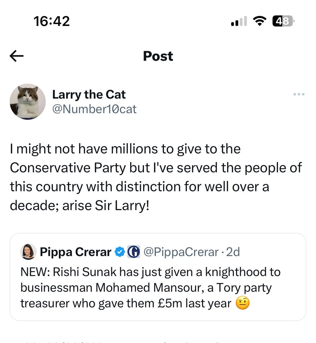 ⁦<a href="/10DowningStreet/">UK Prime Minister</a>⁩  nomination for Downing Street cat to get honours! He deserves a medal living at number 10 ⁦<a href="/Number10cat/">Larry the Cat</a>⁩