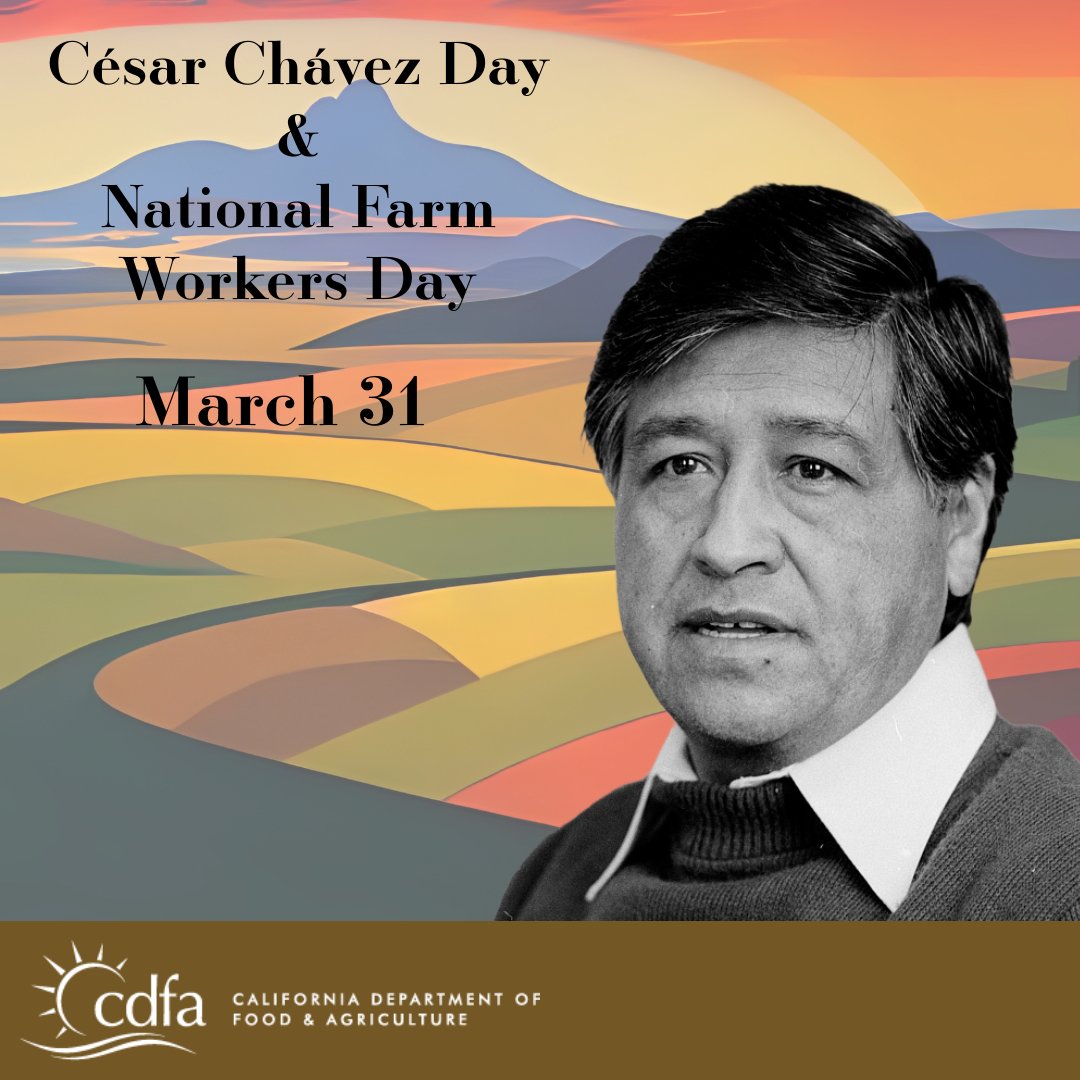 As we commemorate César Chávez Day and National Farm Workers Day – (March 31), let us remember his legacy and honor his tireless advocacy for farmworkers. CDFA celebrates Chávez's vision of dignity, fairness, and equity in the agricultural workforce.