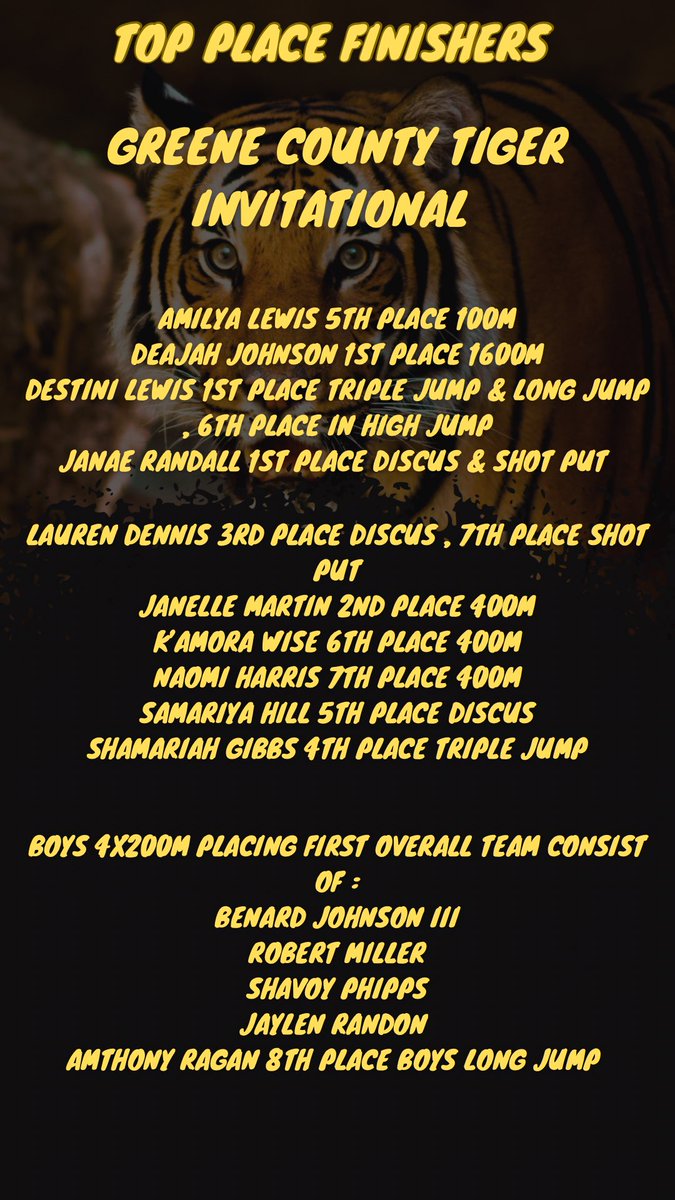 Top place Finishers from Greene County Tiger Invitational. Congratulations to the Girls Track &amp; Field team for placing 2nd overall as a team 🖤💛. #growth #time <a href="/CovNewsSports/">𝘾𝙊𝙑𝙉𝙀𝙒𝙎 𝙎𝙋𝙊𝙍𝙏𝙎</a> <a href="/bandboyz05/">Dr. Thomas Lowe</a> <a href="/Alcovy_Sports/">AHS Tigers Sports</a> <a href="/134Mat/">Coach Brown🇯🇲</a>