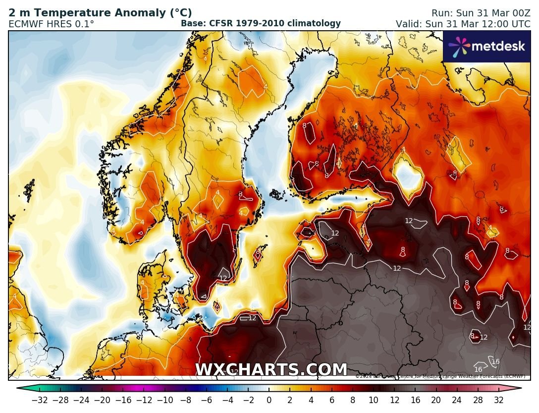 Exceptional heat in the Baltic region today 31.03.2024. Lithuania (25.5 °C), Latvia (22.7 °C) and Estonia (21.3 °C).