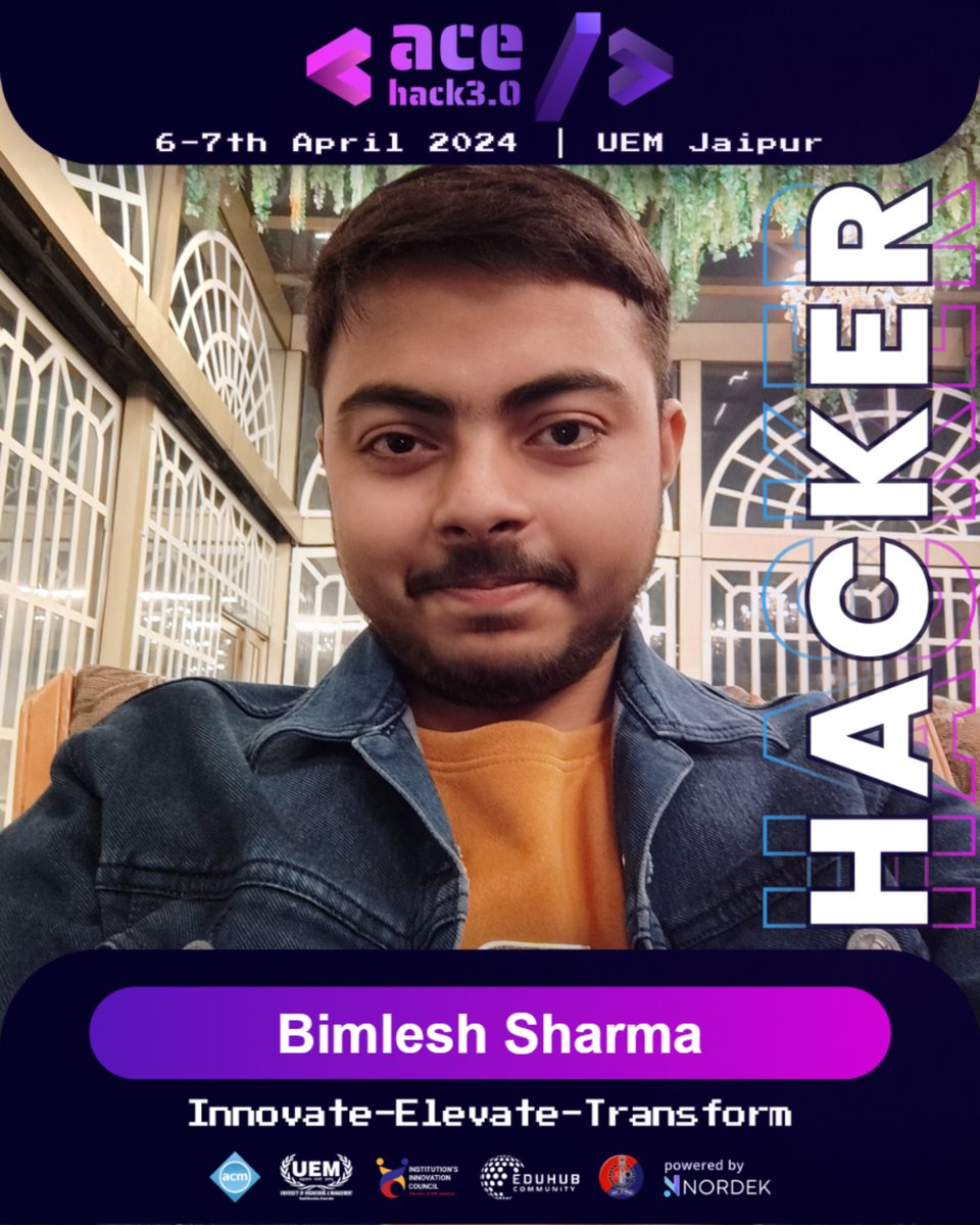 bimlesharma's tweet photo. 🚀 Excited to announce that I'll be attending 𝐀𝐜𝐞𝐇𝐚𝐜𝐤 𝟑.𝟎! 🌟

Check out my personalized AceHack 3.0 Digital Badge! 🎉 Get yours and join the hype at https://t.co/3yo9T74AUC .  Let's make this hackathon epic together! 💻💡 #AceHack @AceHack_uemj https://t.co/Xjtxw0TflI