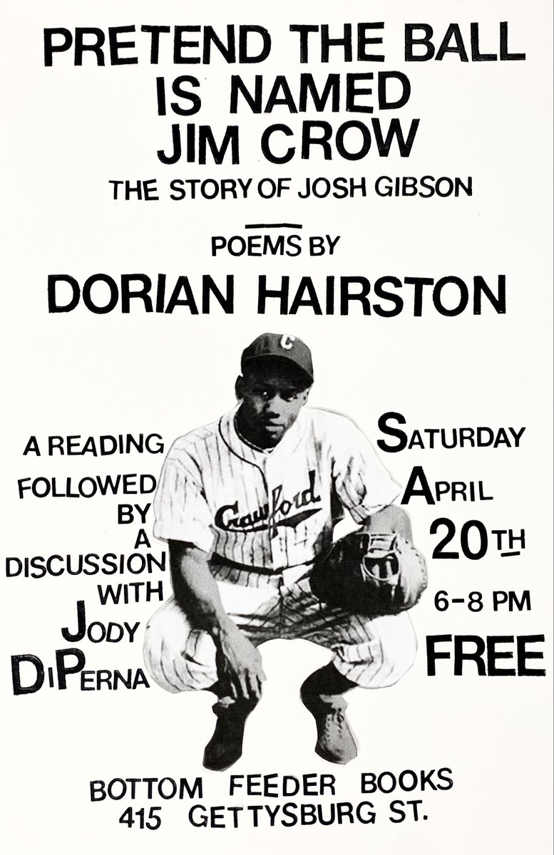 On April 20th, I'll be talking to Dorian Hairston about his tremendous poetry collection at Bottom Feeder Books. If you love the Negro Leagues & Josh Gibson, or if you want to know more about Gibson, this is a great chance to hear some great work & engage w/cool people.
