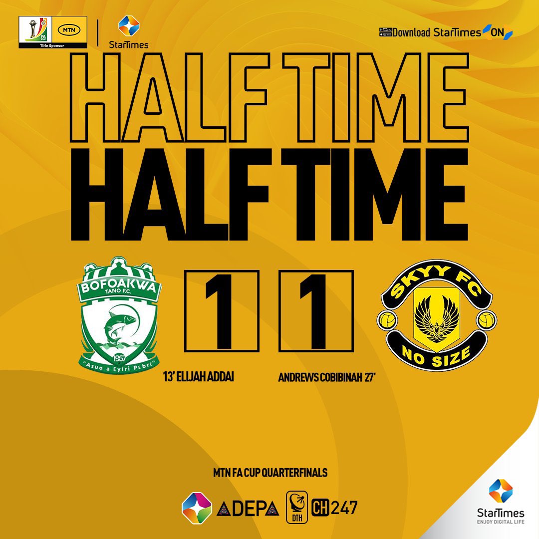 ⏸️ 𝗛𝗔𝗟𝗙 𝗧𝗜𝗠𝗘 - Quarter Final! Bofoakwa Tano 1️⃣-1️⃣ Skyy FC Legon Cities 0️⃣-0️⃣ Bechem United #MTNFACup