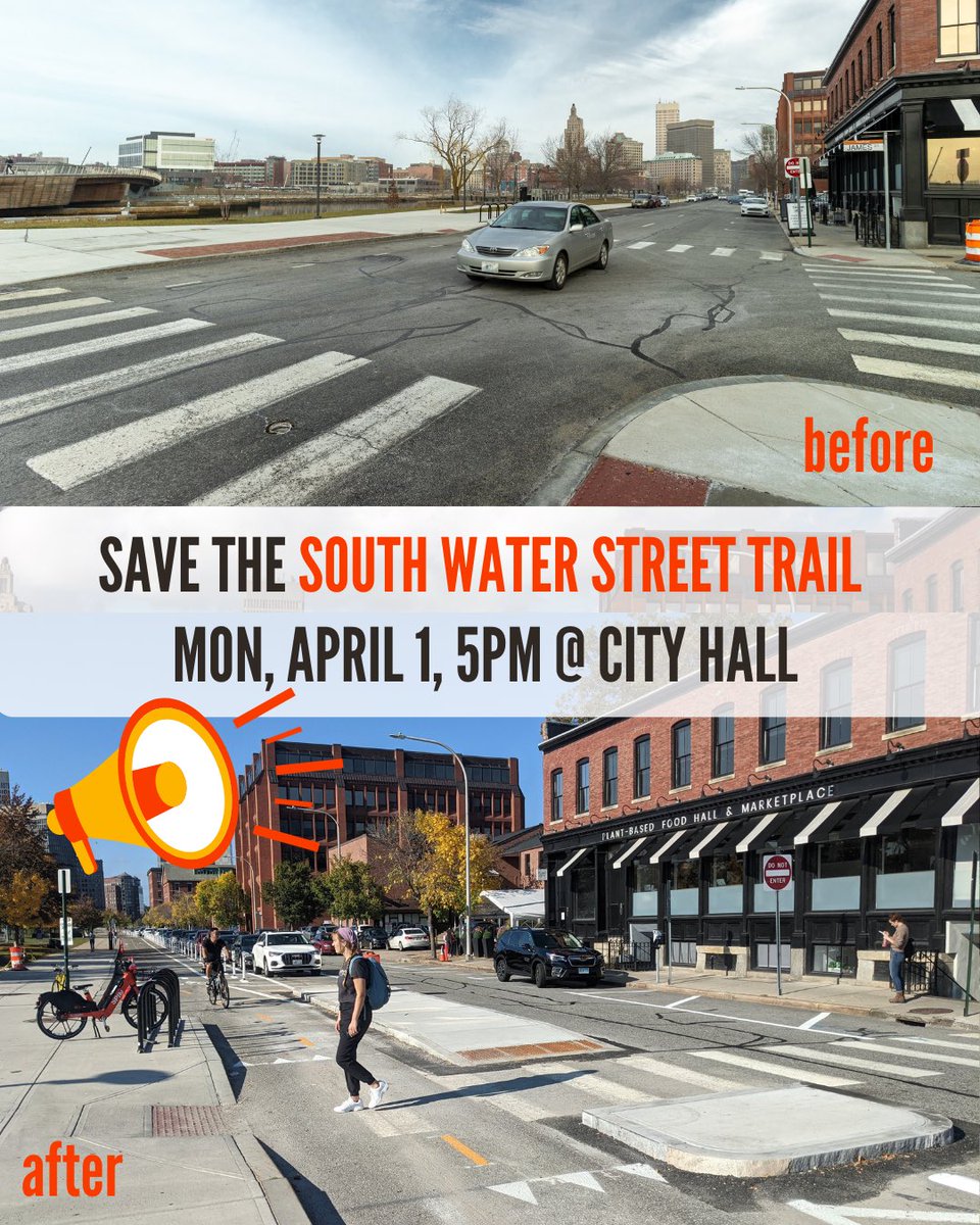 🚨SAVE SOUTH WATER STREET📣

Join us to rally in front of City Hall to urge <a href="/PVDMayor/">Mayor Brett Smiley</a> Smiley to abandon plans to remove protected bike lanes. Join community leaders and members of the <a href="/pvdcitycouncil/">Providence City Council</a> to let Mayor Smiley know that you support PVD’s urban trail network.

🧵