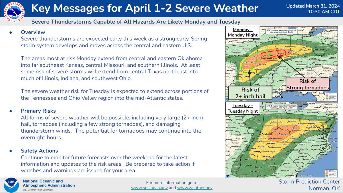 NWSSPC's tweet photo. A widespread severe weather event remains likely tomorrow into Tuesday across the central and eastern portions of the country. All hazards will be possible both days, including the potential for very large hail (2+ inches) and tornadoes on Monday. https://t.co/n941Qeh8PS