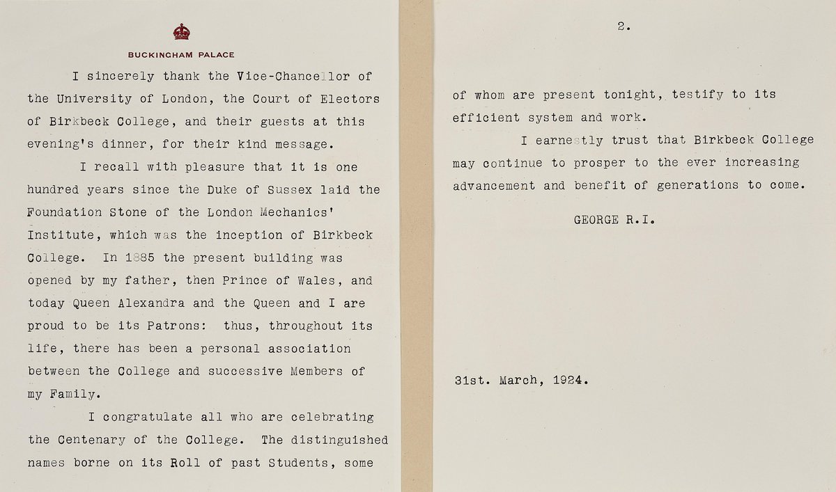 King George V sent a congratulatory greeting to those present: 'I earnestly trust that Birkbeck College may continue to prosper to the ever increasing advancement and benefit of generations to come.' 2/2
#Birkbeck200