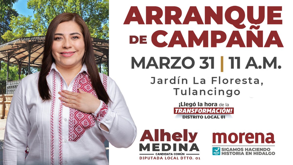 AlhelyMedina's tweet image. Me acompañas! y juntos hagamos historia este 31 de marzo al arranque de campaña en Jardín la Floresta, Tulancingo; por la Diputación Local del Distrito 1, unidos seguiremos transformando el estado de #Hidalgo

#MorenaHidalgo #4T #EsTiempoDeMujeres #AlhelyDiputadaLocal #Distrito01