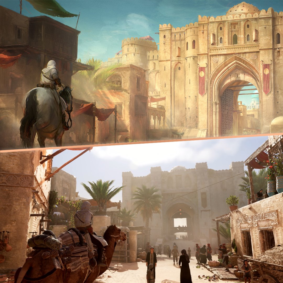 From concept art to in-game. 🖼️ Now an Assassin, Basim returns to the city of Baghdad to face new trials in this gorgeous Assassin's Creed Mirage concept art by Nikola Stoyanov. #AssassinsCreed