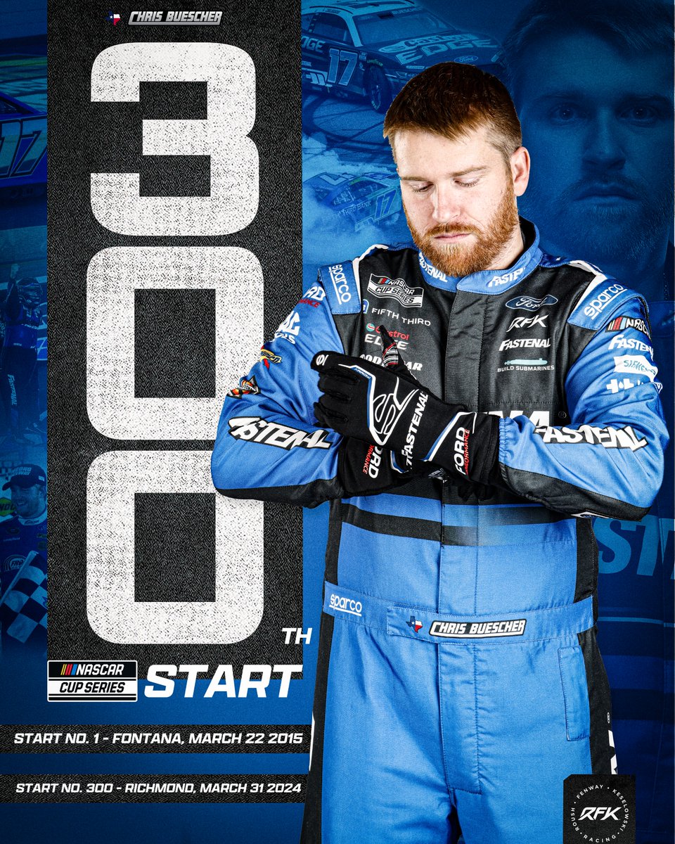 He's just getting started. 😤 Tonight, @Chris_Buescher will make his 300th career start in the @NASCAR Cup Series.