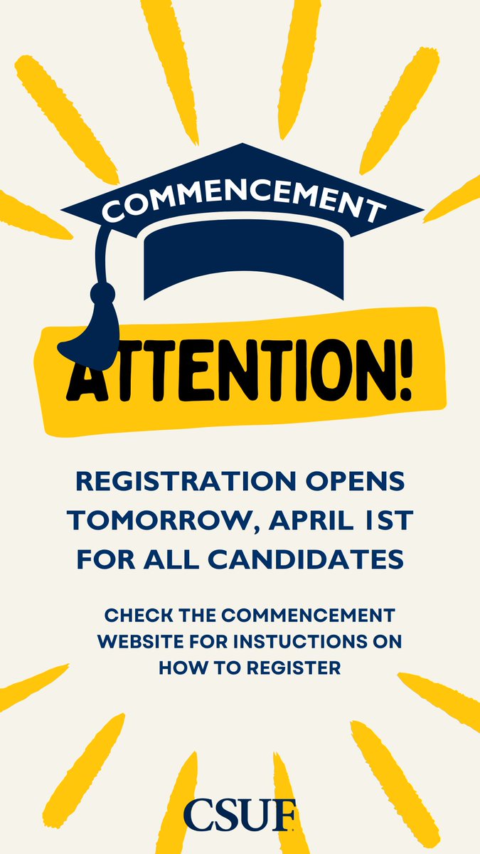 The commencement registration tile will appear in your portal starting April 1st. 👉Register your Commencement participation via your student portal by April 24. fullerton.edu/commencement/g…
