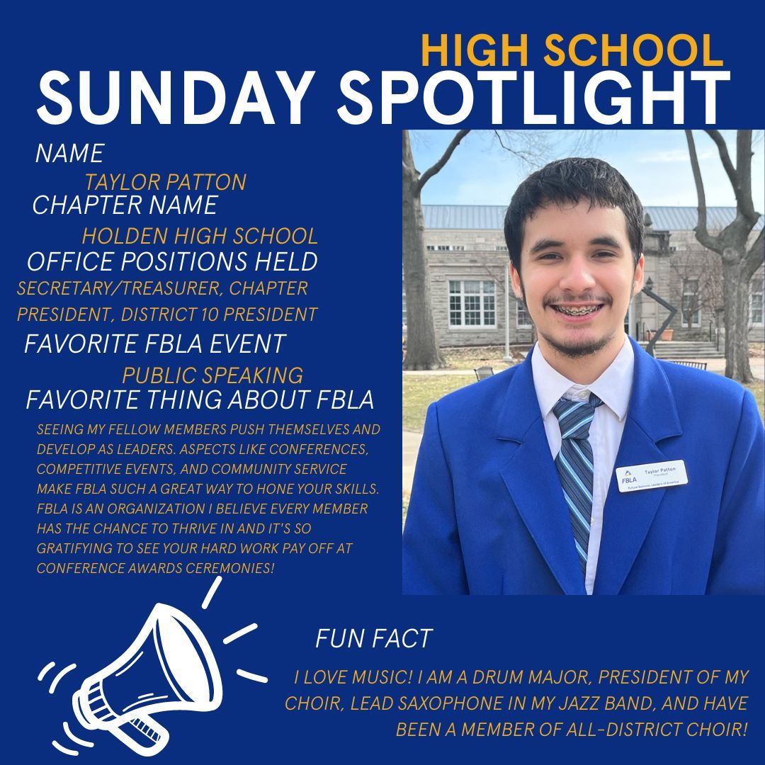 Holden FBLA member, Taylor has been selected for Sunday Spotlight! Congratulations!🎊🎉