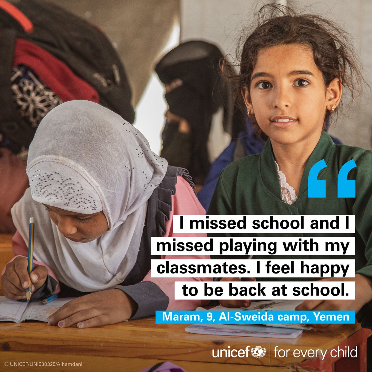 Nine years of conflict in Yemen have massively disrupted education for millions of children - with schools damaged, overcrowded classrooms and unpaid teachers. UNICEF and partners are helping provide basic education support so children like Maram get opportunities to learn.