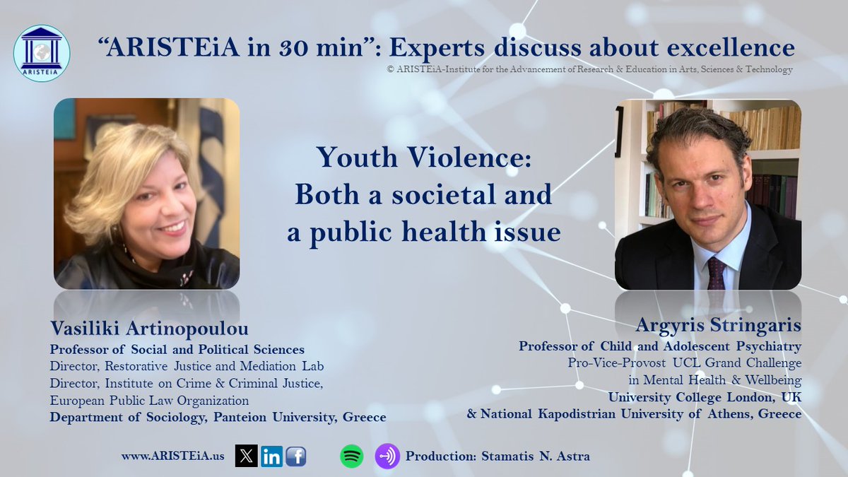 🎧𝗧𝗵𝗲 𝗻𝗲𝘄 𝗽𝗼𝗱𝗰𝗮𝘀𝘁 of <a href="/Aristeia_US/">ARISTEiA</a>  in now on air: Prof. Vasikili Antinopoulou &amp; Prof. Argyris Stringaris 𝗱𝗶𝘀𝗰𝘂𝘀𝘀 𝗮𝗯𝗼𝘂𝘁 #youthviolence: 𝗕𝗼𝘁𝗵 𝗮 𝘀𝗼𝗰𝗶𝗲𝘁𝗮𝗹 𝗮𝗻𝗱 𝗮 𝗽𝘂𝗯𝗹𝗶𝗰 𝗵𝗲𝗮𝗹𝘁𝗵 𝗶𝘀𝘀𝘂𝗲.  
🎧bit.ly/3IUTJ4K
#AristeiaUS