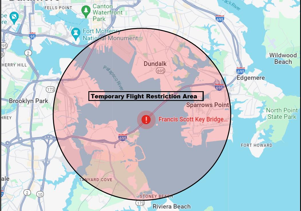 No Drone Zone! Temporary Flight restrictions remain in place for the Key Bridge zone. This @FAANews restriction also prohibits the public from using drones in the 3 nautical mile airspace surrounding this area. #KeyBridgeNews More Info: ow.ly/rh4A50R56Ro
