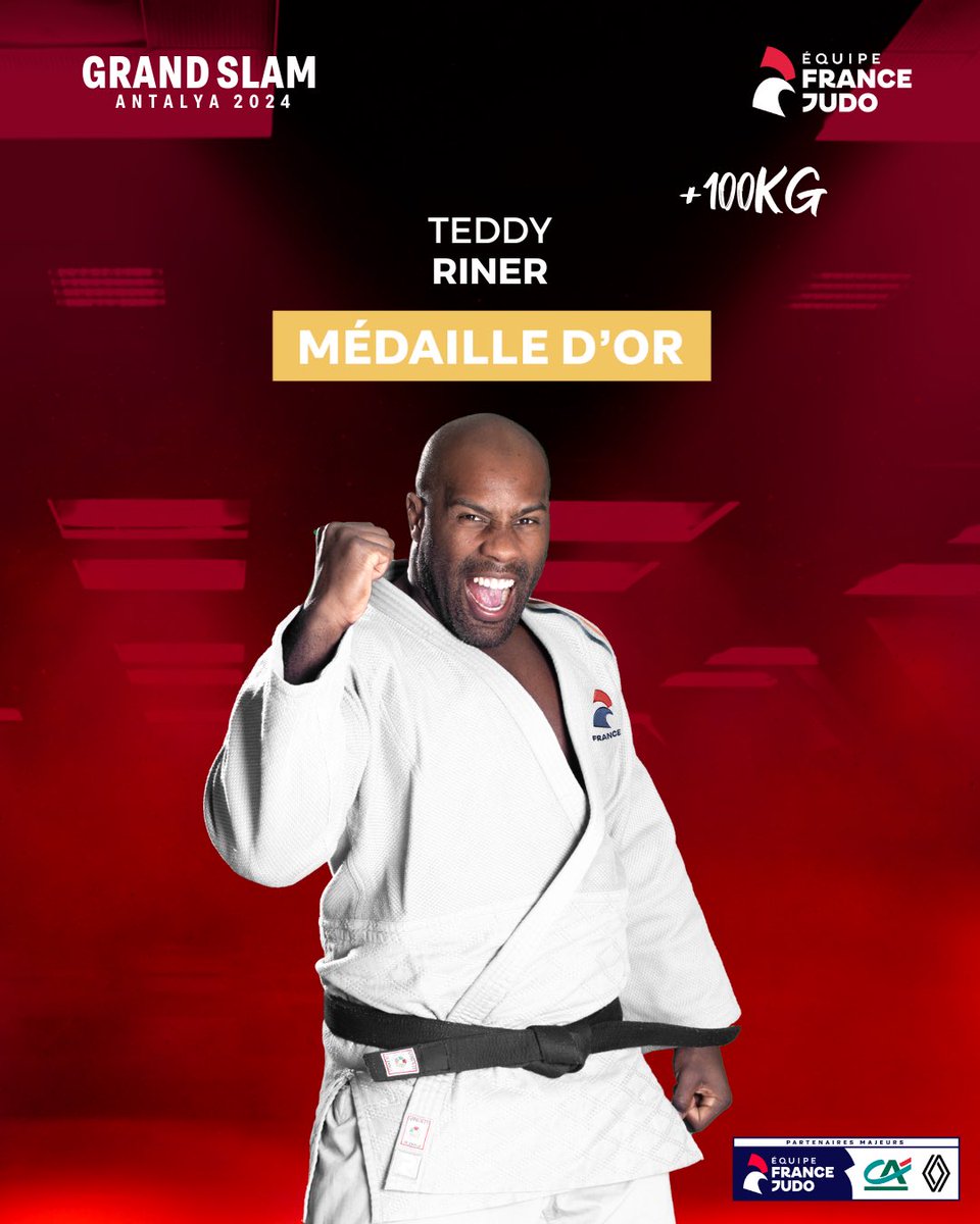 francejudo's tweet photo. Oyez Oyez, the king is back ! 👑

Pour son retour à la compétition après l’or remporté à Paris, Teddy Riner monte à nouveau sur la plus haute marche du podium en 2024 à Antalya ! 🤩🥇

Tout simplement magnifique ! Bravo Teddy ! 👏

#JudoAntalya #GoLesBleus #FierdEtreJudoka https://t.co/XKr4Rb1Iku