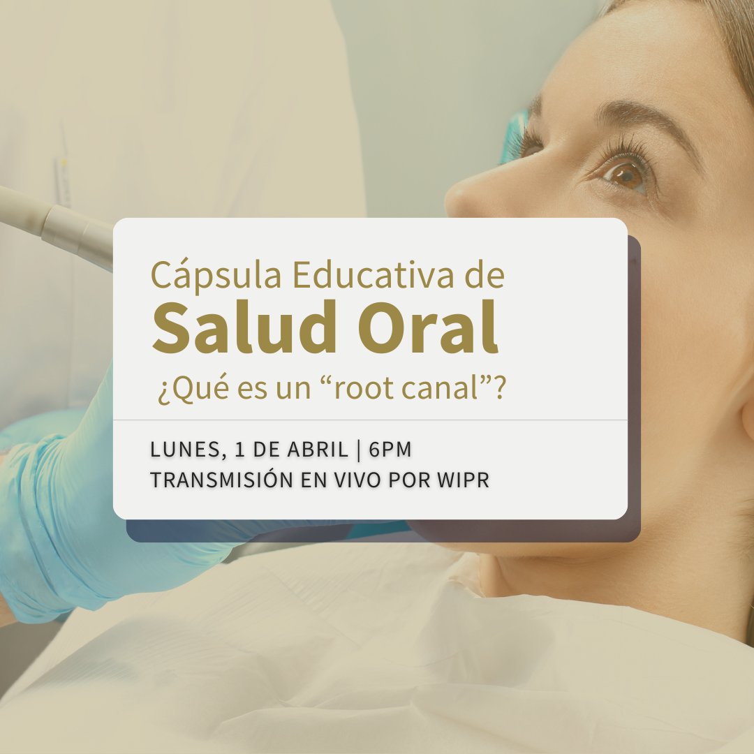 Continuan las Cápsulas de Salud Oral de la Escuela de Medicina Dental del RCM en el noticiero de WIPR. 𝐂𝐚́𝐩𝐬𝐮𝐥𝐚 𝐞𝐝𝐮𝐜𝐚𝐭𝐢𝐯𝐚 𝐝𝐞 𝐬𝐚𝐥𝐮𝐝 𝐨𝐫𝐚𝐥. ¿𝐐𝐮𝐞́ 𝐞𝐬 𝐮𝐧 “𝐫𝐨𝐨𝐭 𝐜𝐚𝐧𝐚𝐥”? Transmisión en vivo por WIPR 🗓️ lunes, 1 de abril ⏰6pm