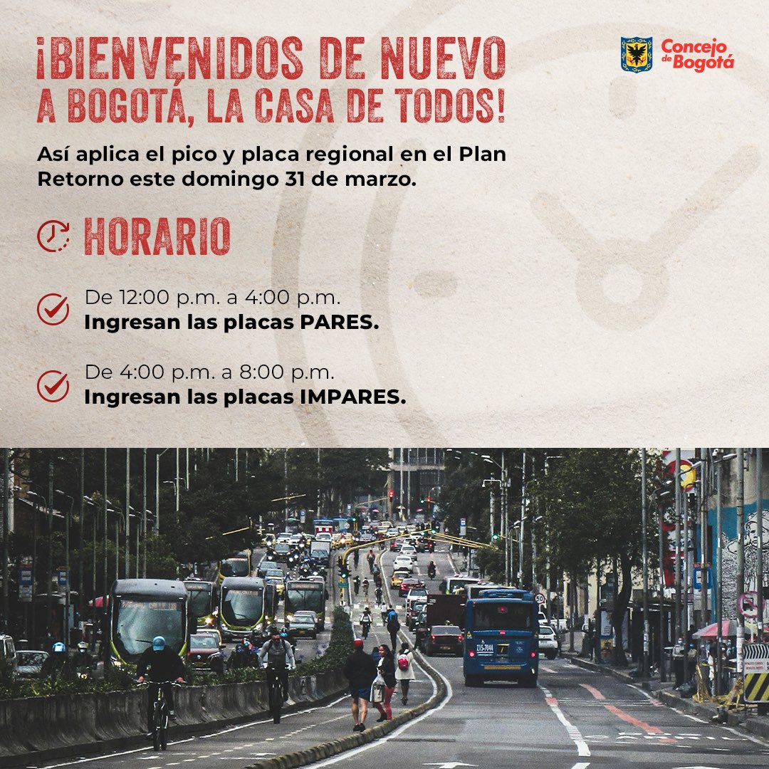 Este domingo 31 de marzo, Bogotá implementa restricciones adicionales con el pico y placa regional como parte del Plan de Retorno. Conoce las medidas y organiza tu día para evitar contratiempos.