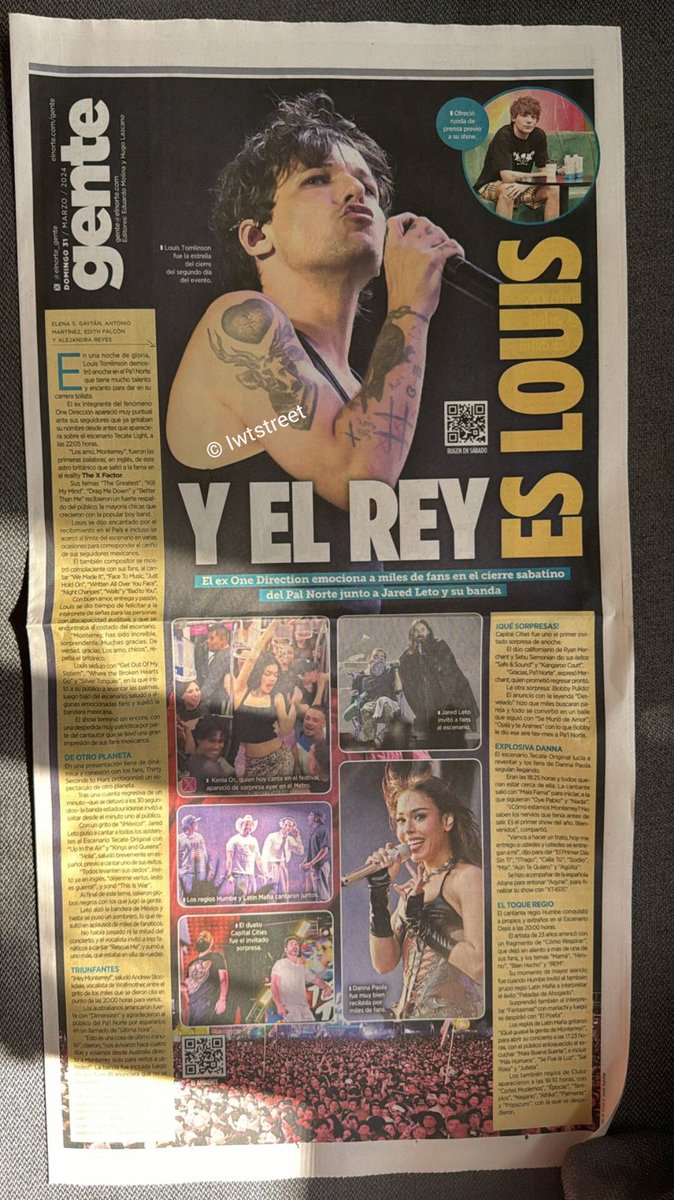 LouisMxOficial's tweet photo. 📰| "Y EL REY ES LOUIS" algunas fotografías y nota que publica el periódico @elnorte sobre Louis y su presentación anoche  en #PalNorte2024 
©️ Iwtstreet https://t.co/i85vKt3uYr