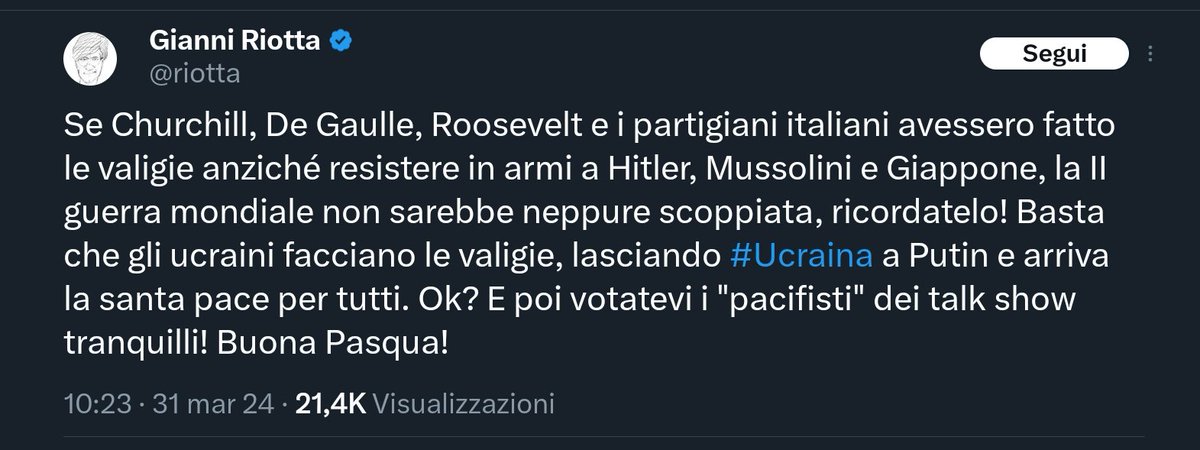 MarceVann's tweet photo. Se la NATO non avesse continuato ad espandersi verso est (cosa molto simile alle azioni politiche di Hitler, che per arrivare alle porte dell'URSS utilizzò anch'esso l'Ucraina), oggi non esisterebbe alcuna guerra.
Buona Pasqua anche da parte della #riottosa C.I.A.! https://t.co/tFFrOSX5qY