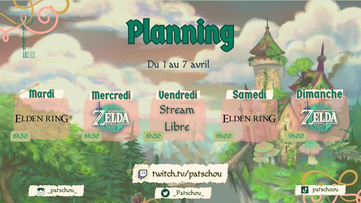 Hey ☺️
Cette semaine, j'ai pris la décision de faire un jour libre et on voit ce qu'on fait le jour même 

Dans Elden Ring, on s'attaque à la capitale 

Et Zeldo, le 100% slowrun à fond le ballons ! 
Je vous souhaite une bonne semaine ! ❤️
twitch.tv/patschou