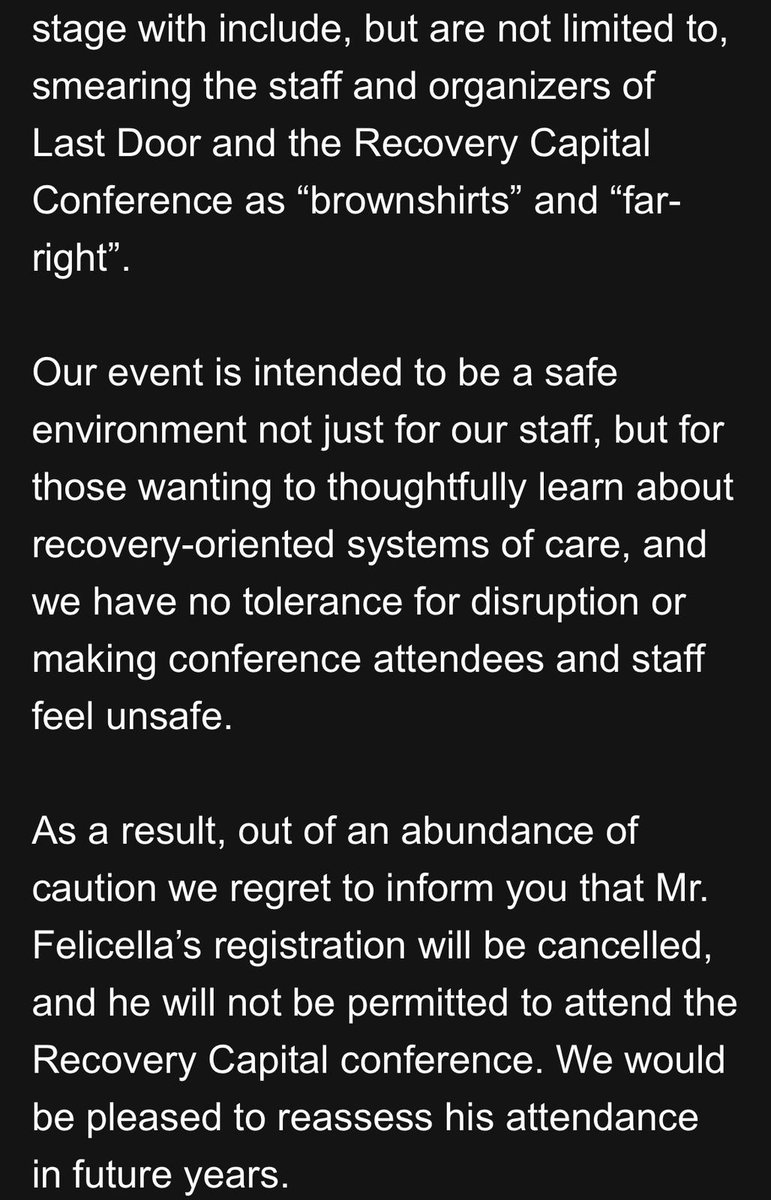guyfelicella🇨🇦🍁 (@guyfelicella) on Twitter photo I am so hurt. Disheartened. 🧵
Yesterday I received an email informing me that I’m no longer welcome at the National Recovery Capital Conference, organized by <a href="/Last_Door/">Last Door Rehab</a>, taking place this week in Calgary. My registration has been cancelled and I will not be permitted to attend. I am so hurt. Disheartened. 🧵
Yesterday I received an email informing me that I’m no longer welcome at the National Recovery Capital Conference, organized by <a href="/Last_Door/">Last Door Rehab</a>, taking place this week in Calgary. My registration has been cancelled and I will not be permitted to attend.
