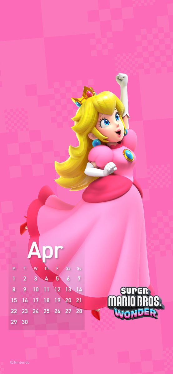 Brighten up your April with the latest #SuperMarioBrosWonder calendar wallpaper for your smartphone, featuring the one and only Princess Peach!