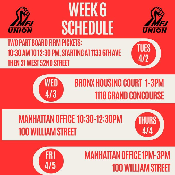MFJUnion's tweet image. 🎺🎺PLEASE JOIN US TOMORROW FOR A PICKET! 

12:30 to 2:30 at 100 William St in downtown Manhattan, the offices of @MFJLegal. 

(Not listed in the below graphic but is definitely on and we need you there!)