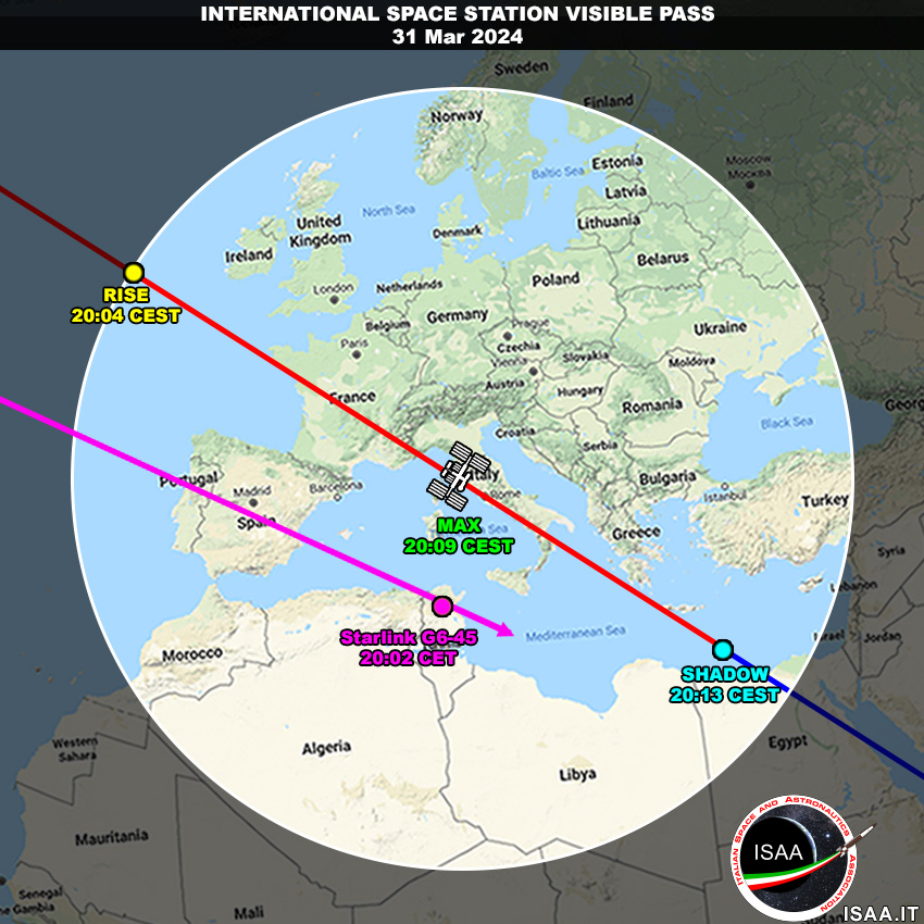 ITA 🇮🇹 Buona Pasqua! Stasera 31 marzo ci sarà un ottimo passaggio della #ISS visibile da tutta Italia (favorita la costa Tirrenica). Appuntamento alle 20:06 circa (ora locale), meteo permettendo. Bonus: #Starlink 6-45 Buona caccia! #SpotTheStation #Expedition70