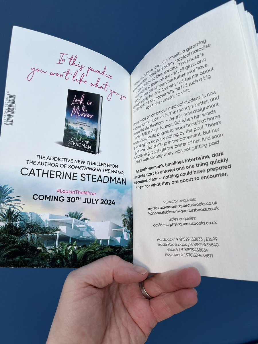 chrisewan's tweet image. A super snazzy proof and a pulsing, pacy, just-one-more-chapter thriller from @CatSteadman with an intriguing premise - a woman inherits a mystery property on an exotic island - and a diabolical mystery at its heart. I loved this! (Out in July).

#LookInTheMirror