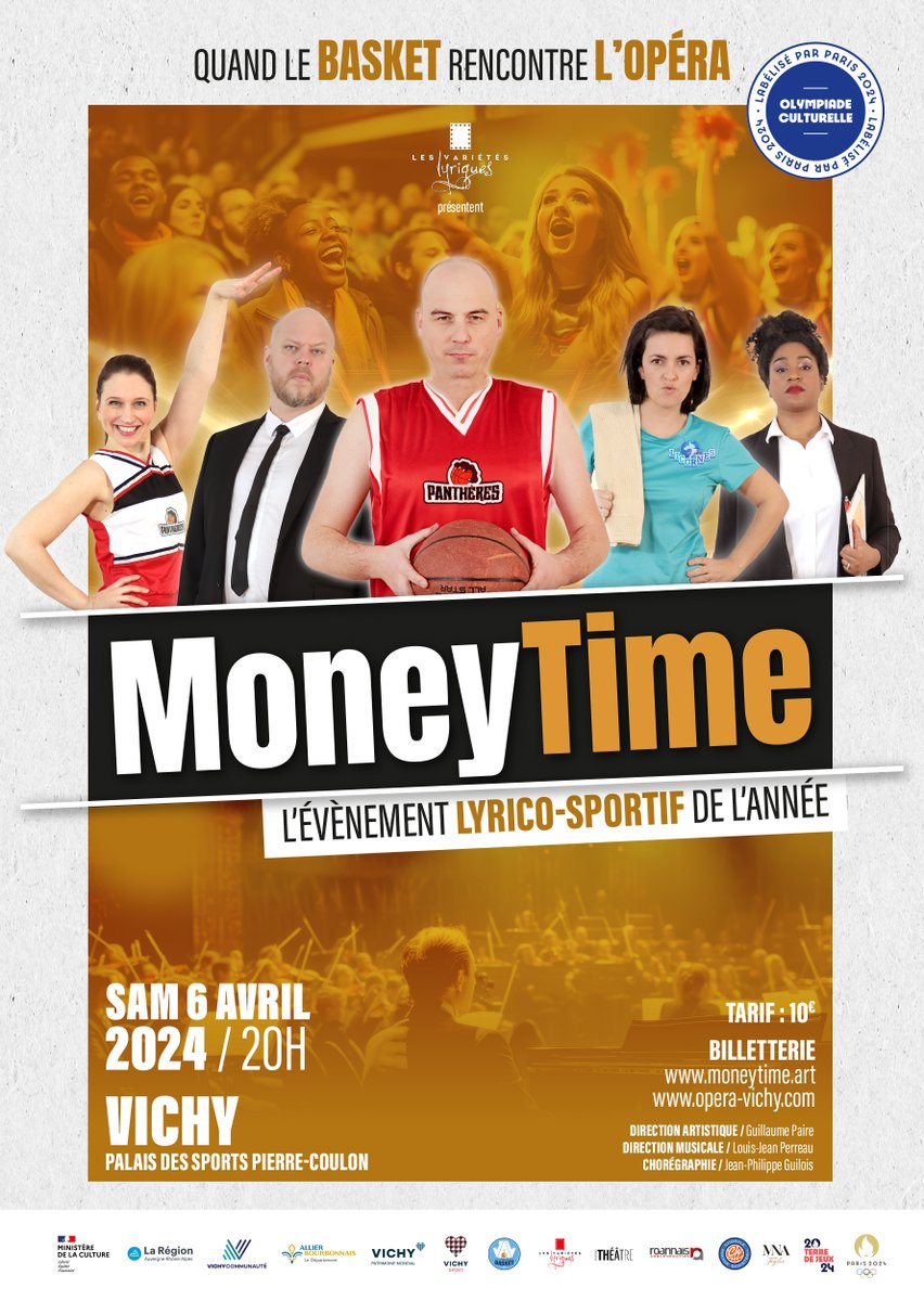 [#MatchLyrique] 👟 🎶 Money time, dans 1 semaine ! 🏀 200 professionnels et amateurs de Vichy et Roanne se retrouvent sur et autour du terrain de basket du Palais des Sports Pierre Coulon pour un match de basket inédit rythmé par des œuvres lyriques ! 🎟 swll.to/0yQ8PTq