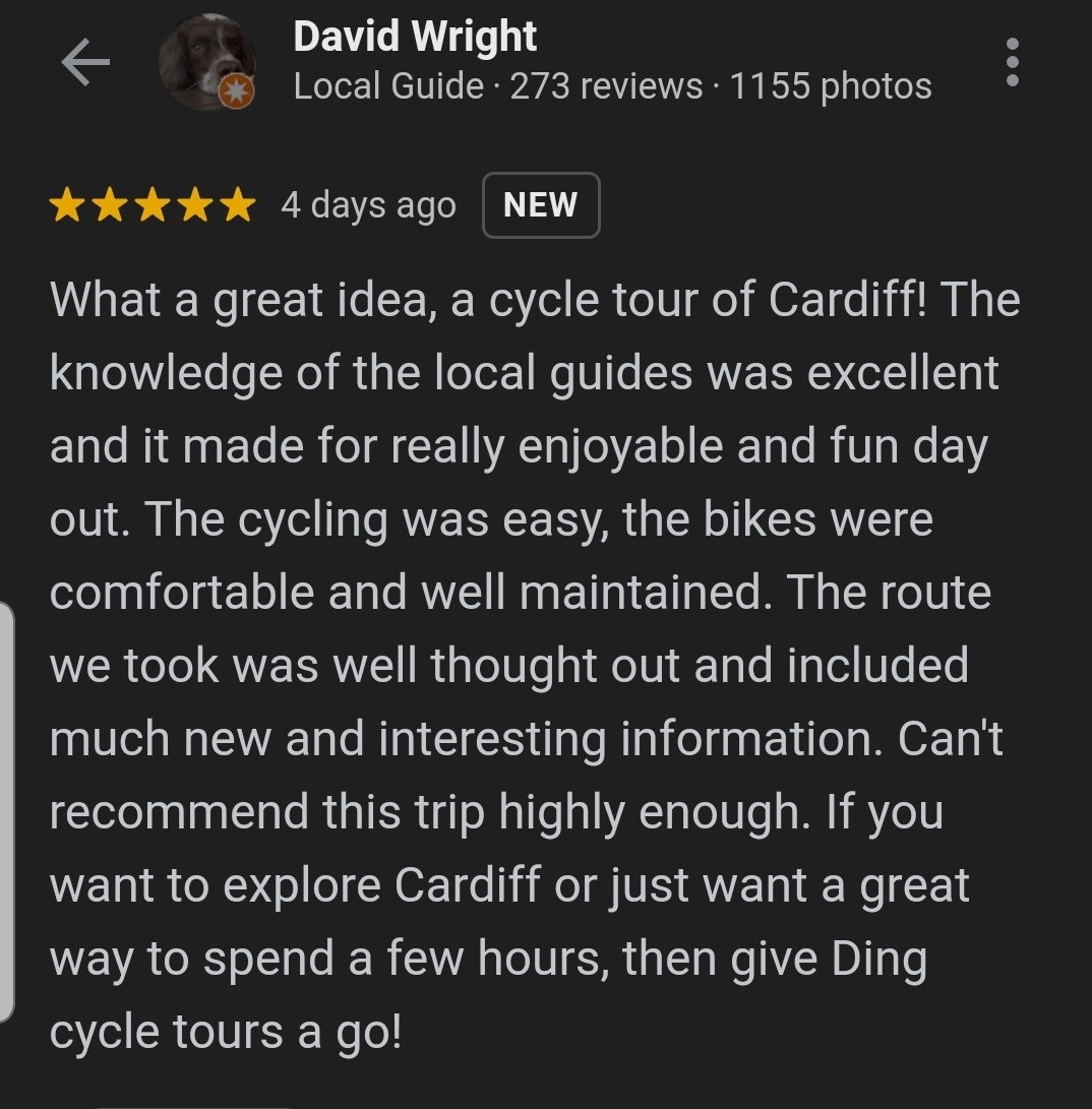 Great to get this review so early in our venture. Thanks again to Dave and Rachel from Abergavenny. #cycletour #cardiff