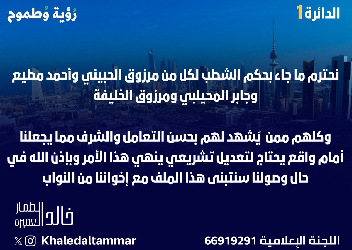 KhaledALtammar's tweet photo. نحترم ما جاء بحكم الشطب لكل من مرزوق الحبيني وأحمد مطيع وجابر المحيلبي ومرزوق الخليفة 

وكلهم ممن  يُشهد لهم بحسن التعامل والشرف مما يجعلنا أمام واقع يحتاج لتعديل تشريعي ينهي هذا الأمر وبإذن الله في حال وصولنا سنتبنى هذا الملف مع إخواننا من النواب https://t.co/NyINDYlRAA