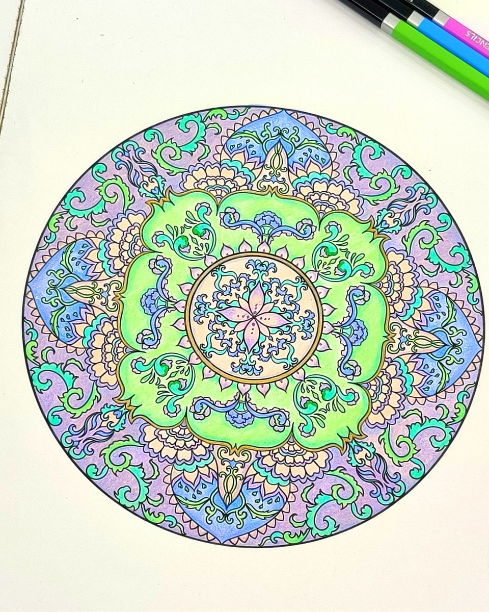 🤩I've been inspired to create a mandala using pastel tones, and I'm excited to share the journey with you. 💜 📌Mindful Mandalas Adult Coloring Book by Raveena Baskaran 📌Used Brustro Pastel Tones Coloured pencils and gold gelpen #adultcolouringbooks #adultcoloringpages