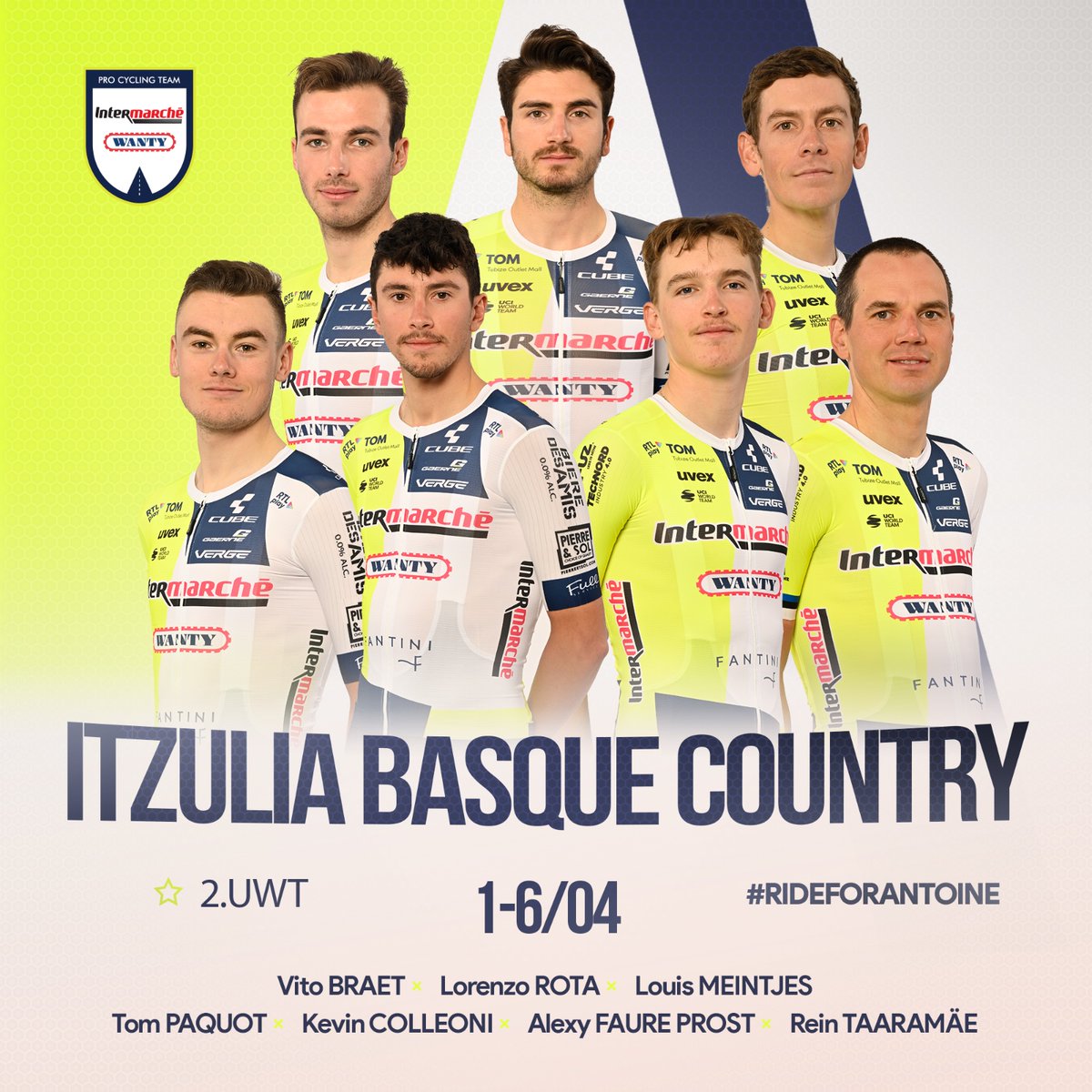 Excited to race in the Basque Country with incredible fans 🤩 #Itzulia2024

🇧🇪 Vito Braet
🇮🇹 Kevin Colleoni
🇫🇷 Alexy Faure Prost
🇿🇦 Louis Meintjes
🇧🇪 Tom Paquot
🇮🇹 Lorenzo Rota
🇪🇪 Rein Taaramäe