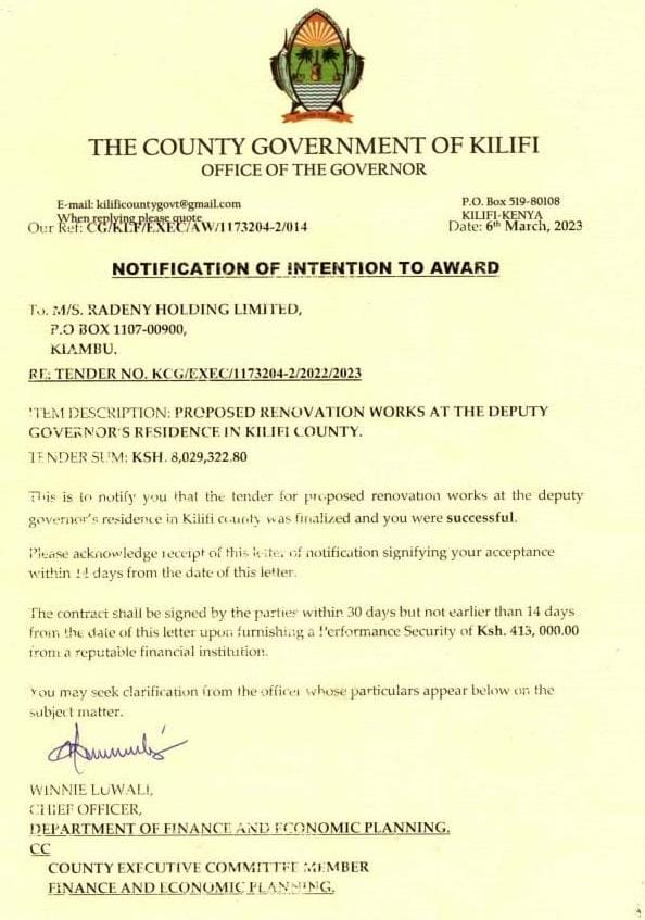 PART 3: How Loise Makena Stole Governor Gideon Mung'aro's Heart and Ksh. 200 Million Makena won a tender for the renovation of the Governor's office in Upper Hill around November 2022 to February 2023. Meanwhile, Kinoti worked as the site manager or point man. In terms of jobs