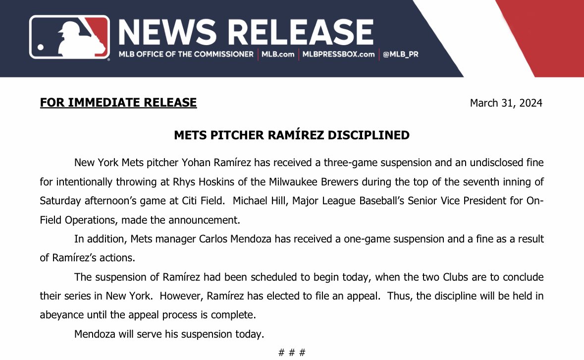 RoFlo's tweet image. #Mets Yohan Ramirez suspended for 3 games. He’s appealing.

Manager Carlos Mendoza also suspended one game. He can not appeal.

#LGM