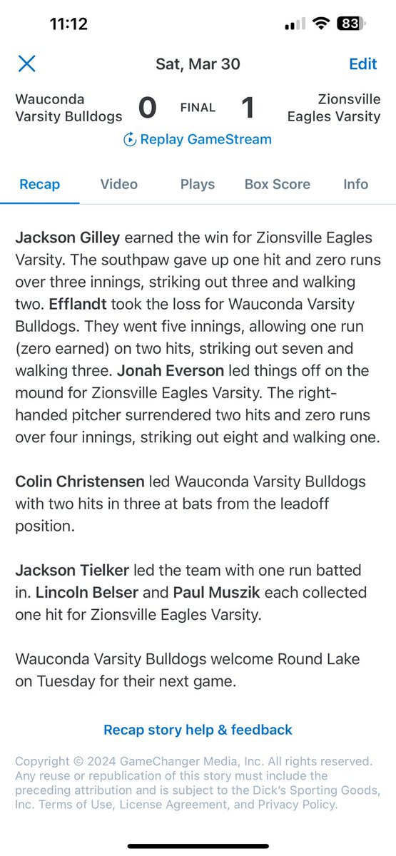 Wauconda Baseball (@gowhs_baseball) on Twitter photo Dogs drop a 1-0 game to a 4a top ranked team from Indiana. <a href="/josh_efflandt/">Josh Efflandt</a> pitched awesome 5.0ip 2h 7ks 2bb and <a href="/Cvans524/">Connor vanselow</a> closed 1.0 1k 1bb. <a href="/C23Christensen/">Colin Christensen</a> went 2/3
<a href="/will_sickmeir40/">Will Sickmeir</a> went 1/3 Dogs drop a 1-0 game to a 4a top ranked team from Indiana. <a href="/josh_efflandt/">Josh Efflandt</a> pitched awesome 5.0ip 2h 7ks 2bb and <a href="/Cvans524/">Connor vanselow</a> closed 1.0 1k 1bb. <a href="/C23Christensen/">Colin Christensen</a> went 2/3
<a href="/will_sickmeir40/">Will Sickmeir</a> went 1/3