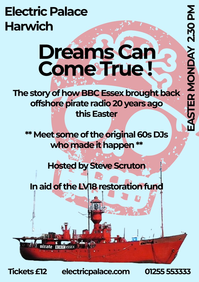 Join us Easter Monday at <a href="/HarwichEP/">The Electric Palace - Harwich</a> for Dreams Can Come True - the story of how we brought back the sounds of 60s  offshore pirate radio. With Keith Skues and Roger ‘Twiggy’ Day. All money raised going to the LV18 restoration fund. electricpalace.com/production/pir…