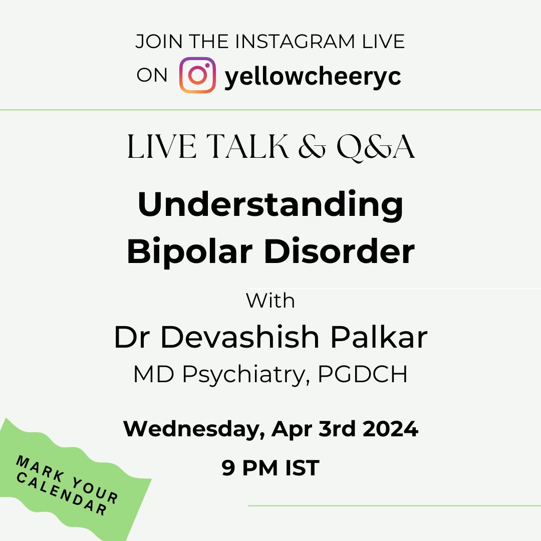 Join the live on April 3rd at 9 pm where we have a conversation with @psychidiaries Dr Devashish to understand bipolar disorder. The better we understand, the better we can support.

#worldbipolarday #bipolardisorderawareness #mentalhealthawareness